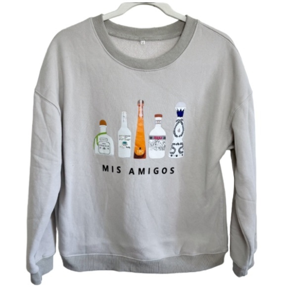Mis Amigos Tequila Sweatshirt Fleece Tan Sweatshirt Long Sleeve Sz Medium - Picture 1 of 6